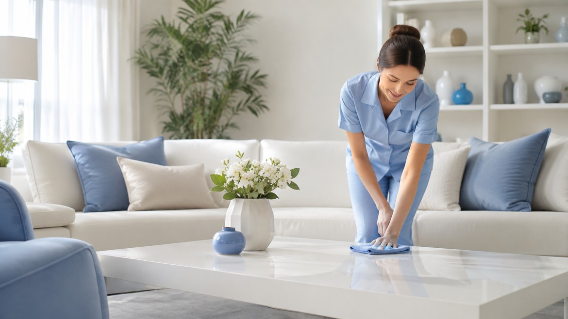 Clean Time team member cleaning a modern home living room